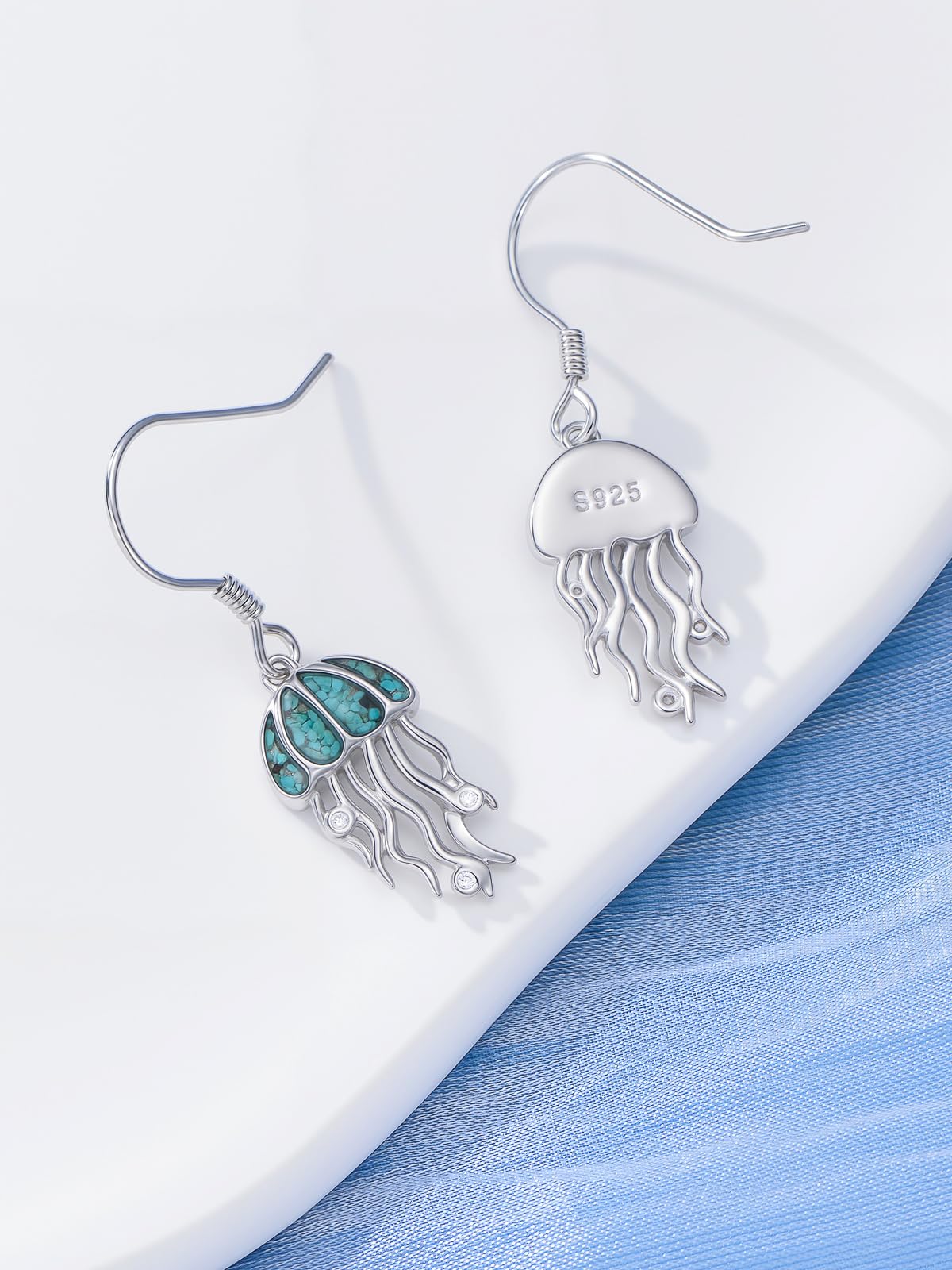 HPQQ Jellyfish Earrings 925 Sterling Silver Turquoise Jellyfish Dangle Earrings Ocean Beach Themed Jewelry Mother's Day Jewelry Gifts for Women