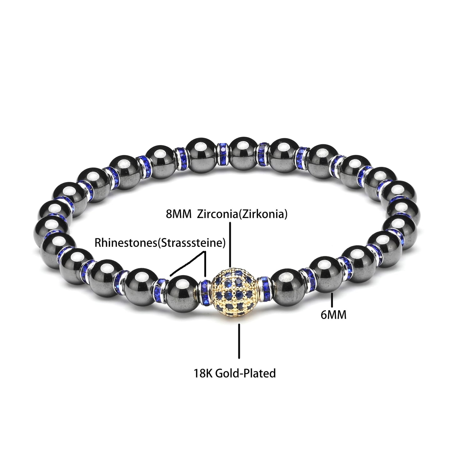 Apocalyptic-K Women's Magnetic Bracelet，Hematite Bracelets，Magnetic Bracelets With Zirconia,Handmade Stretch Bracelet，Eliminates static electricity. (6MM Blue &8MM Zirconia)