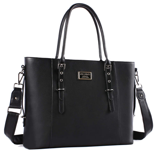 MOSISO Laptop Bag for Women, 17.3 inch Waterproof Vintage PU Leather Briefcase Shoulder Computer Laptop Tote Bag for Office Work, Black