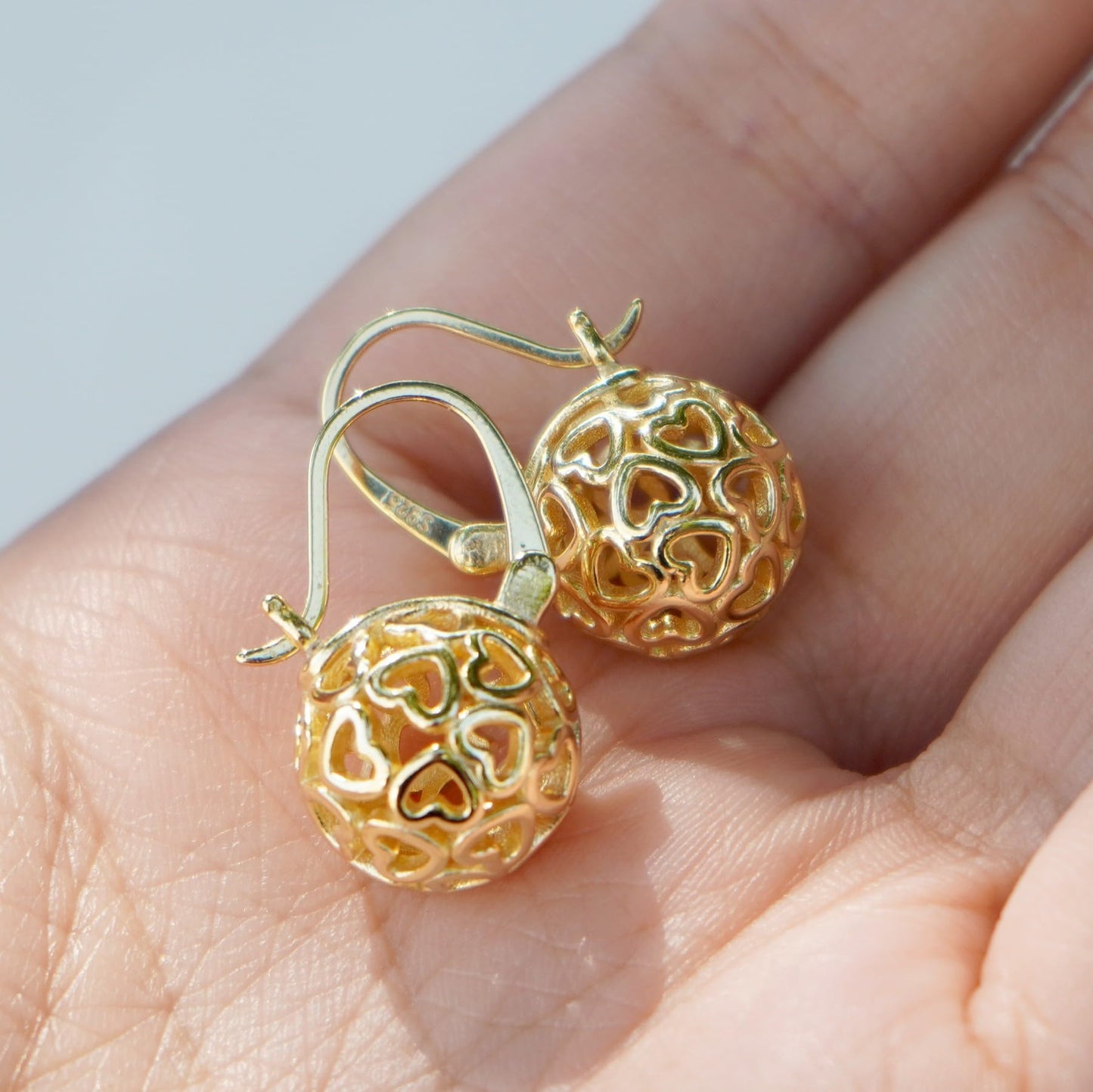 OwMell Elegant 925 Sterling Gold Pearl Drop Earrings Dangle Stud Gold Plated Earrings for Women Large Size 12mm - Hollowed Heart Gold