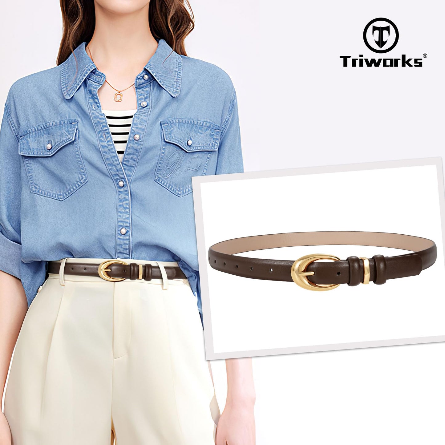 TRIWORKS 3 Pack Women Leather Belt for Jeans Pants Fashion Ladies Faux Leather Belt with Gold Buckle