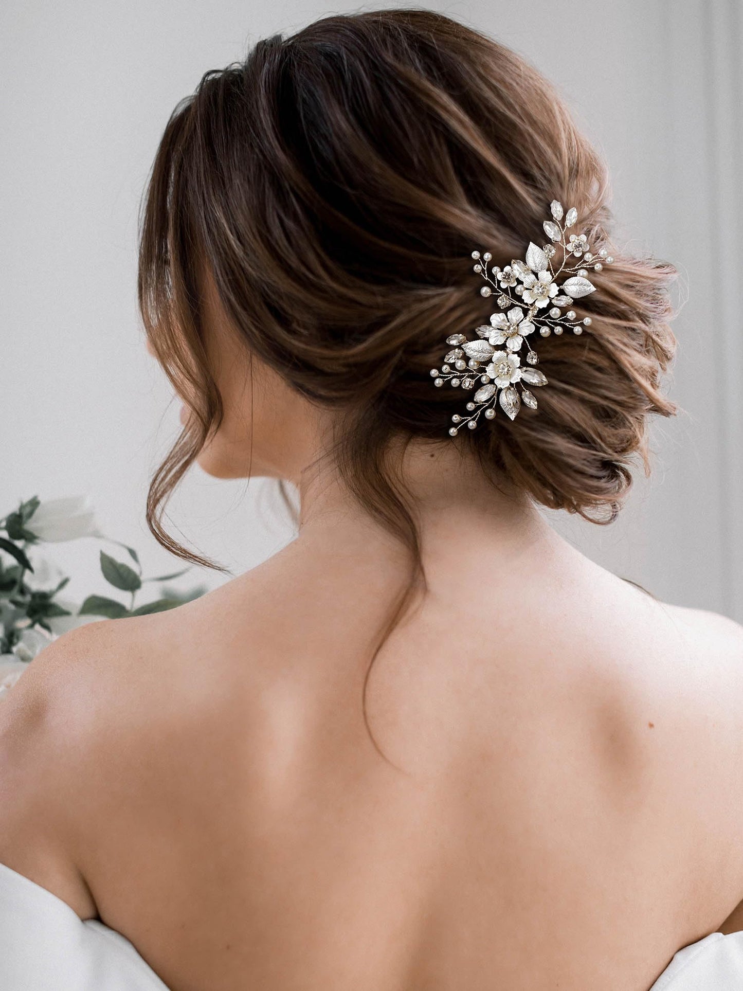 SWEETV Silver Bridal Hair Comb for Wedding Hair Accessories, Handmade with Crystals, Pearls, and Leaves, 4.72 x 2.75 inches, for Brides, Women