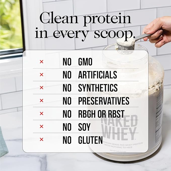 NAKED Whey 2LB 100% Grass Fed Whey Protein Powder - Only 1 Ingredient, Unflavored Whey Protein, Undenatured, Gluten Free, Soy Free, No GMOs, No Preservatives