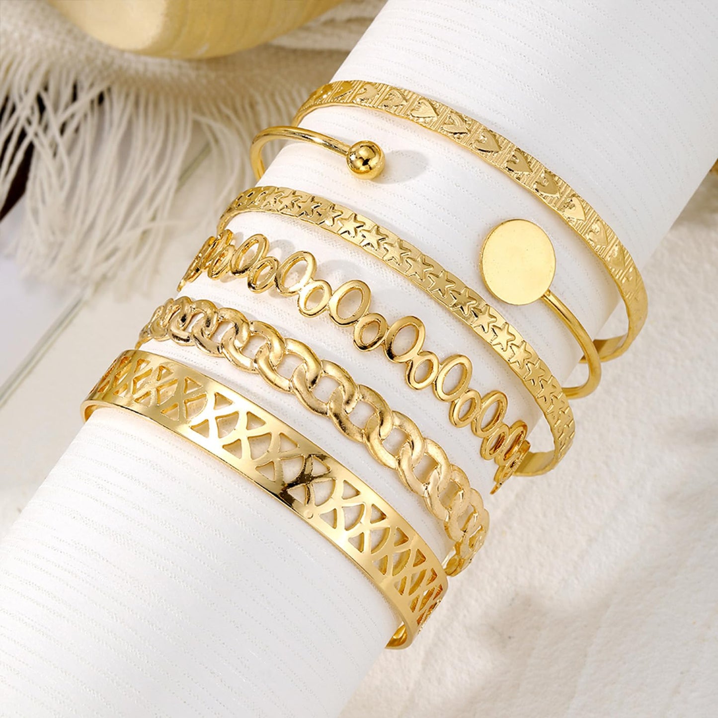 IFKM Gold Bangle Bracelets For Women 14k Gold Plated Multi Layer Stackable Cuff Bracelet Set, Trendy Elegance Charms Non Tarnish Minimalist Textured Boho Jewelry for Women (6pcs Hollow love five-pointed star)