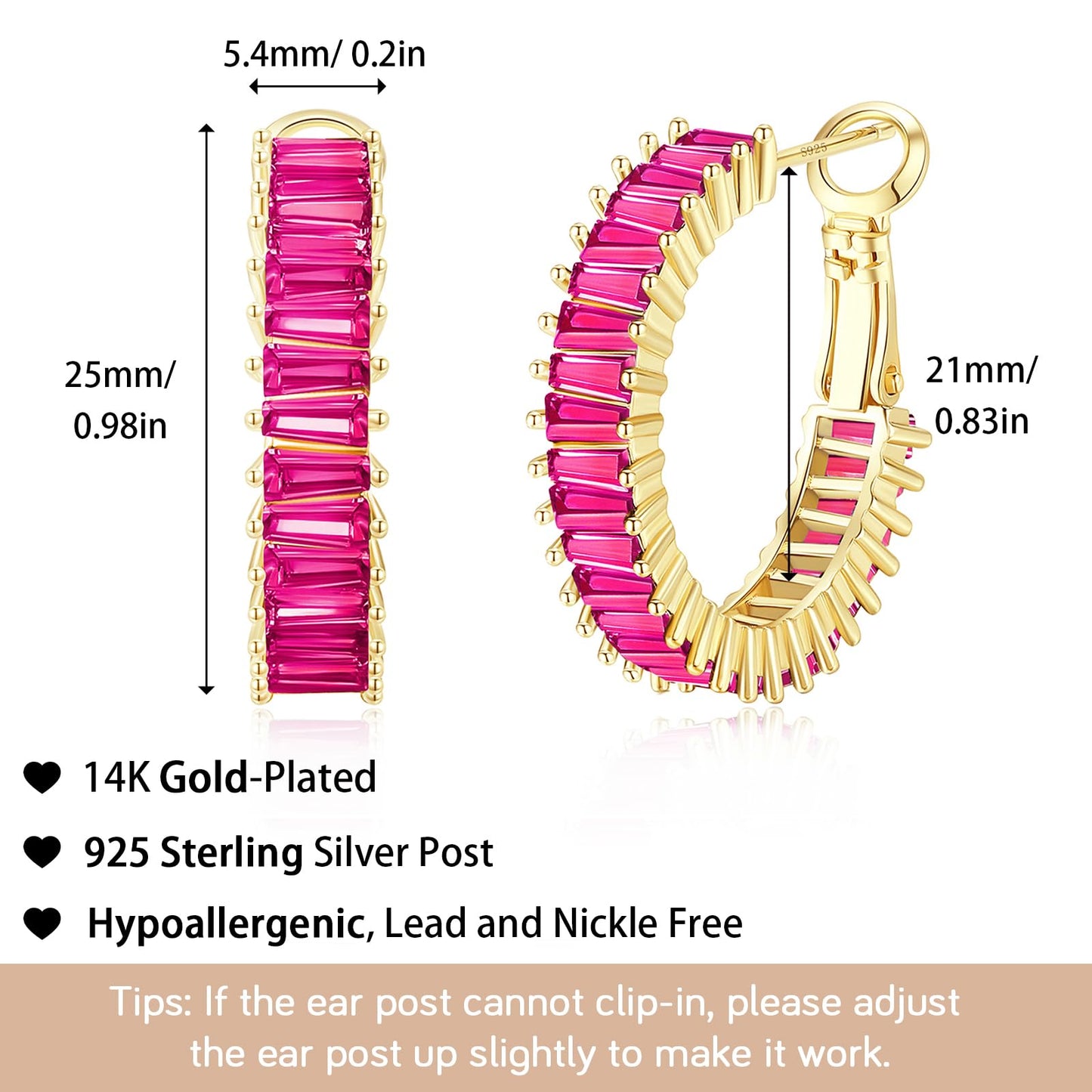 GLOQUAT Gold Pink Earrings Fuchsia Hoops for Women 14K Gold Plated Hot Pink Hoops Fuchsia Cubic Zirconia Baguette Hoop Earrings Fashion Hot Pink Crystal Earring for Women Neon Pink Rhinestone Jewelry