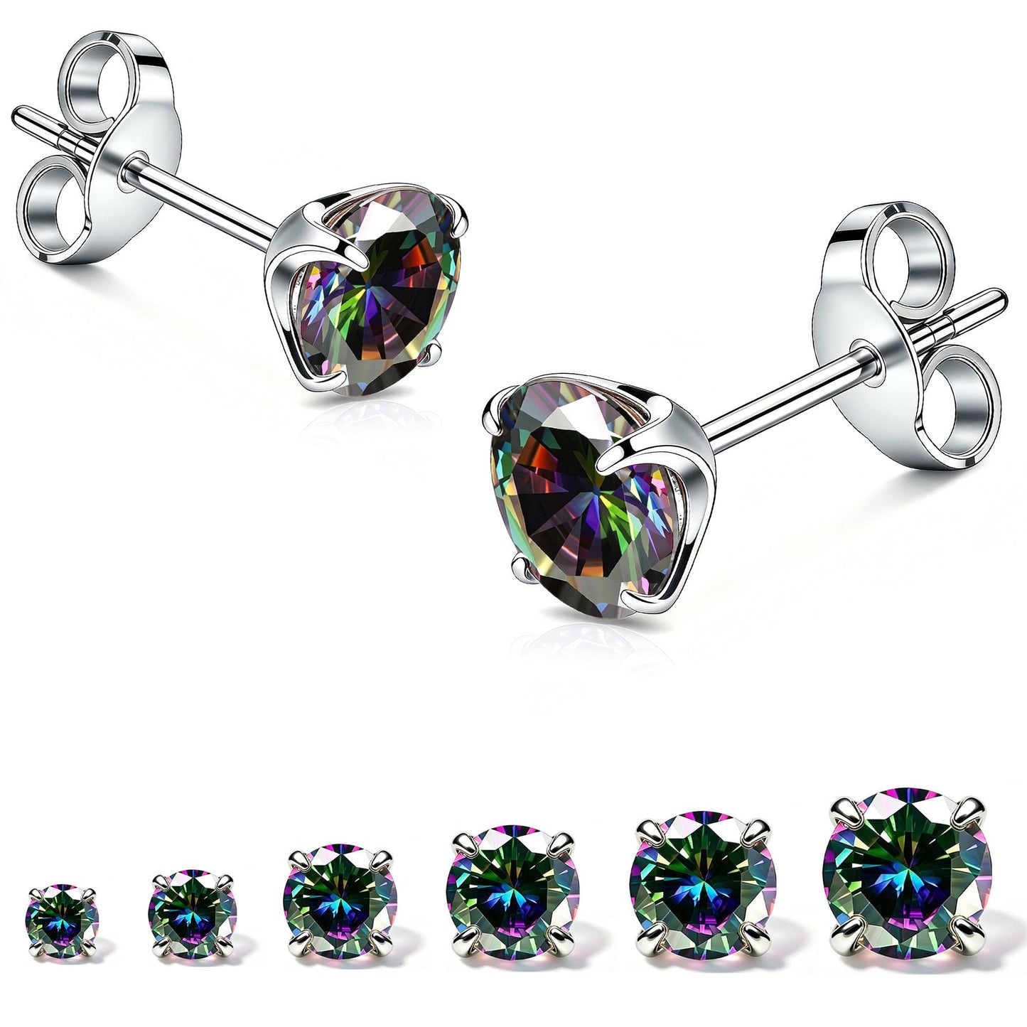 LNIEER 6 Pairs Surgical Steel Stud Earrings for Women, Hypoallergenic Fashion Earring Set, Premium Cubic Zirconia Studs Earrings 3-8mm (Rainbow CZ)