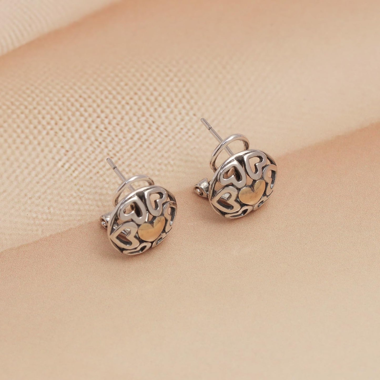 LeCalla 925 Sterling Silver Omega Back Earrings Jewelry Small Medium Two-Tone Crossover Round Antique Dome Heart Omega-Clip Back Medium Stud Earring for Women - 12MM