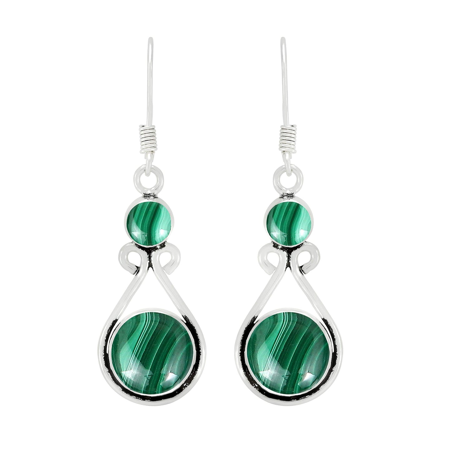 Natural Malachite Silver Plated Dangle Earrings for Women - April Birthstone Round Gemstones Drop Earrings Handmade Jewelry - Mother's Day Gift for Her