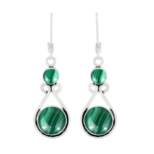 Natural Malachite Silver Plated Dangle Earrings for Women - April Birthstone Round Gemstones Drop Earrings Handmade Jewelry - Mother's Day Gift for Her