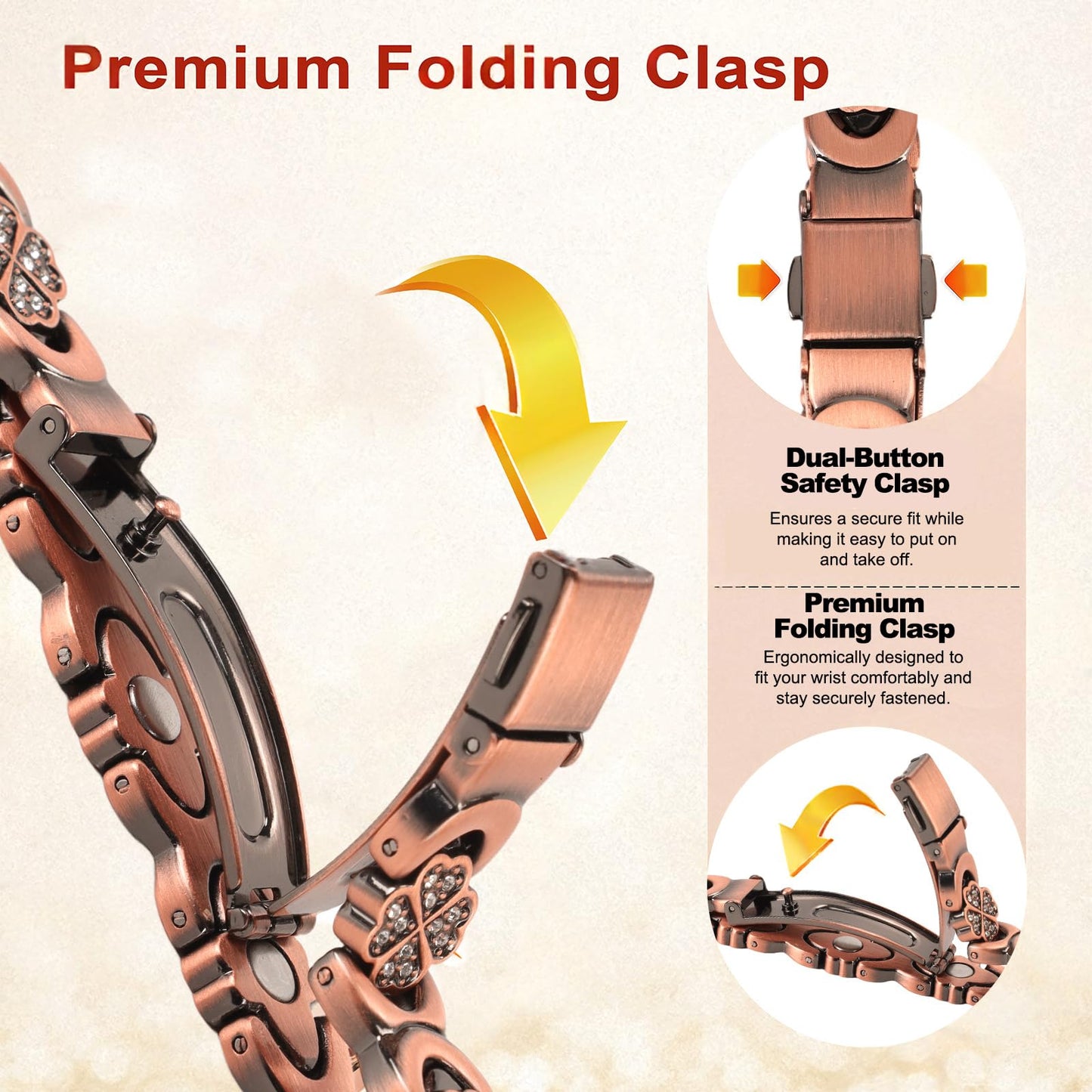 vapeples Copper Bracelets for Women, 3800 Gauss, 99% Pure Copper Magnetic Bracelet, Adjustable Sizing, Four-Leaf Clover Women's Bracelets with Sparkling Cubic Zirconia, Gift Packaging