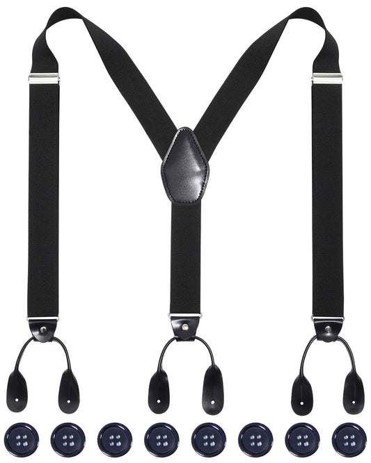 Kajeer Mens Adjustable Button End Suspenders - Y-Back Elastic Tuxedo Suspenders with Heavy Duty Leather Buttons End (Black)