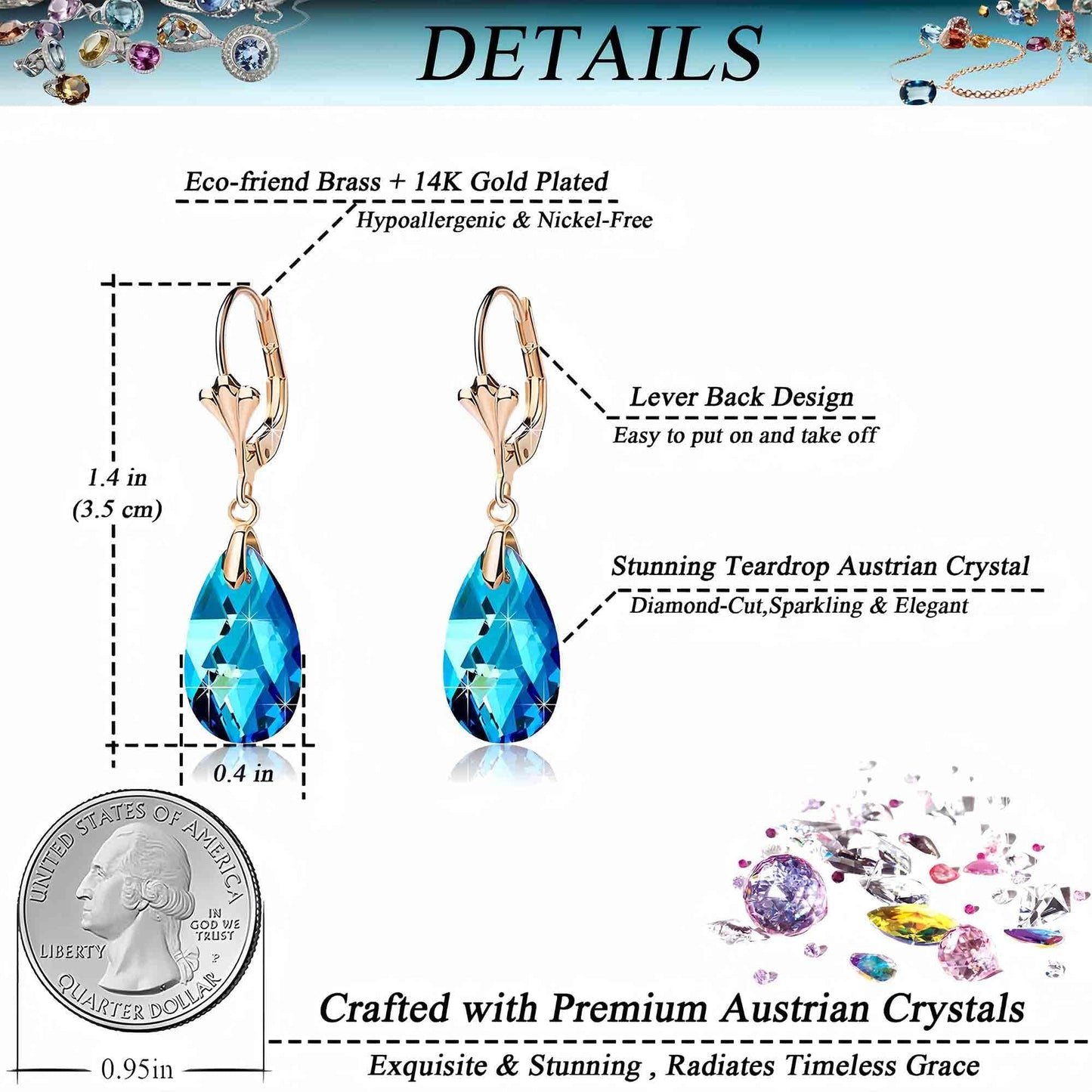 Austrian Crystal Teardrop Leverback Dangle Earrings for Women Fashion 14K Gold Plated Hypoallergenic Jewelry (Bermuda Blue)