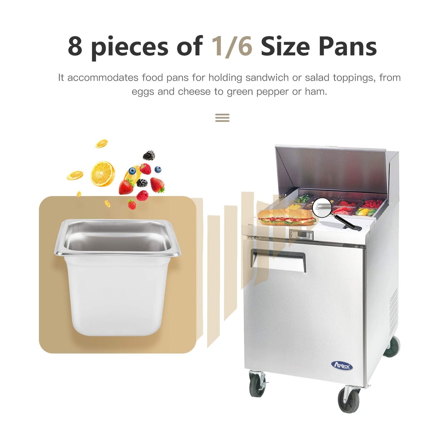 Atosa MSF8301GR 27" Sandwich & Salad Prep Table Refrigerator for Restaurant Hotel Deli Cafeteria | 1-Door 1-Shelf, 10" Cutting Board, 8 (1/6 Size) Pans, 7.2 Cu Ft Capacity | Stainless Steel, 115v