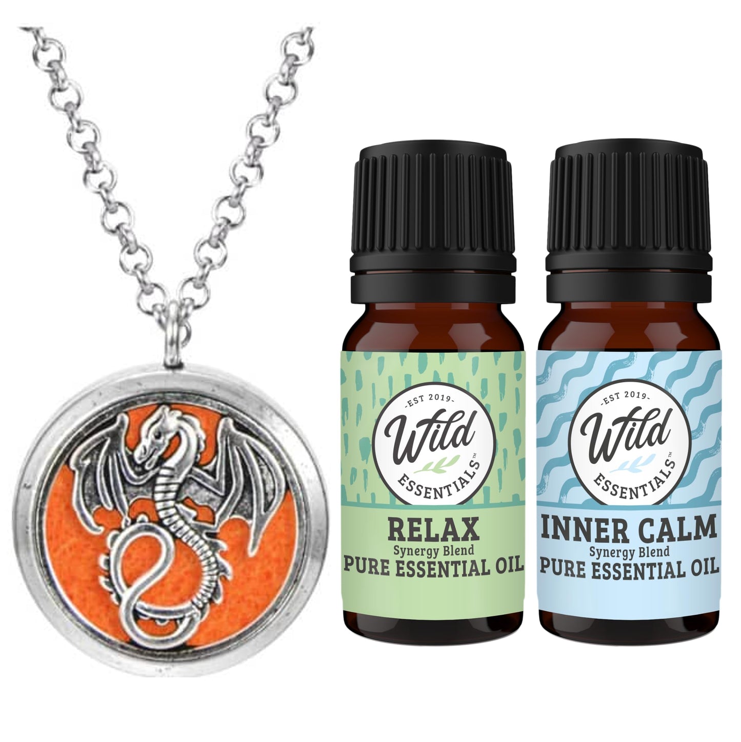 Wild Essentials Mother of Dragons Essential Oil Diffuser Necklace Gift Set with Inner Calm & Relax Oils, Nickel Free Alloy Pendant with 12 Color Pads – USA Made Oils & Perfume Necklace, Family Company