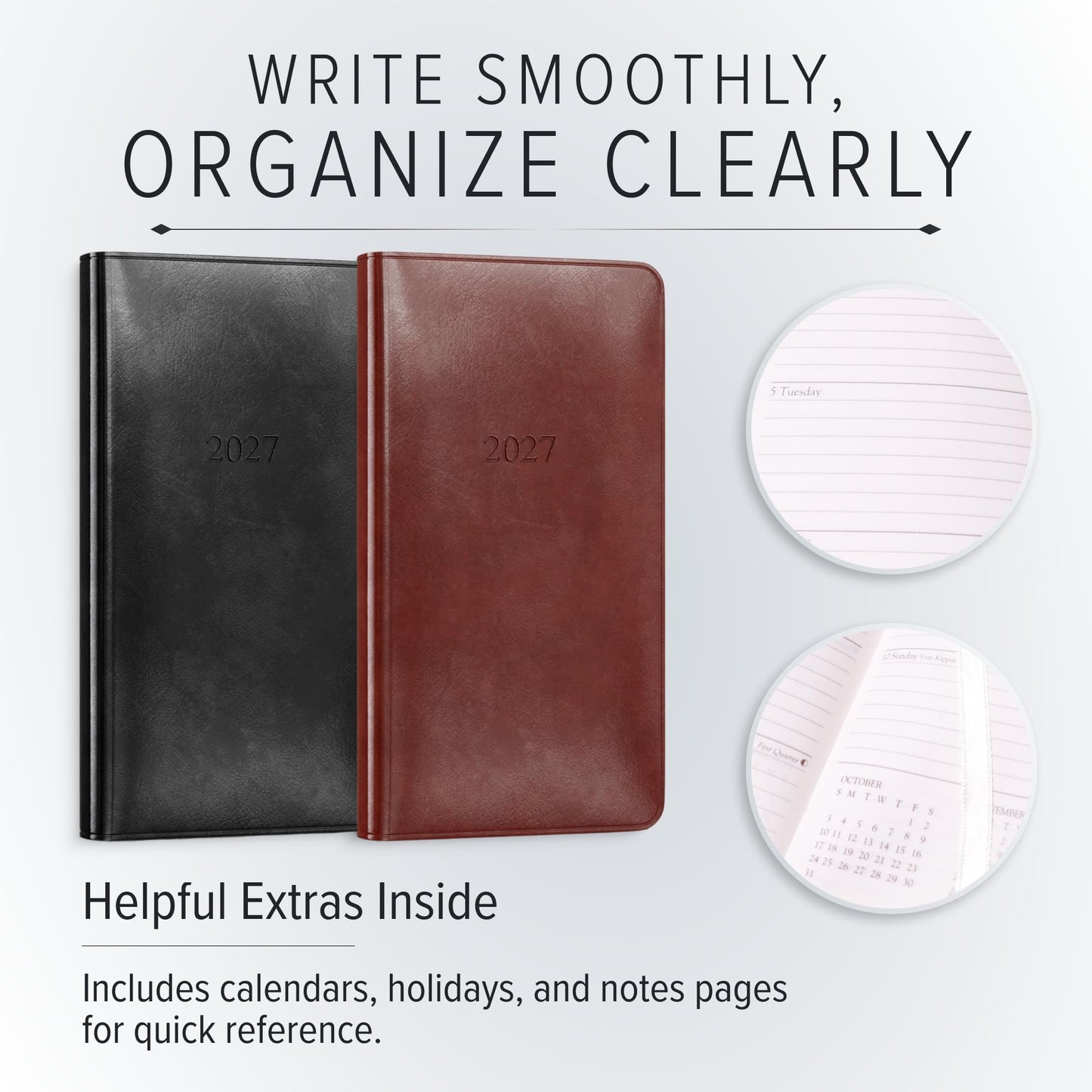Gallery Leather Pocket Weekly Monthly Planner 2027, Elegantly Bound Calendar Planner and Notebook with Stylish Gold-Gilded Page Edges, 12 Months - Acadia Wild Rose - 6x3.25"