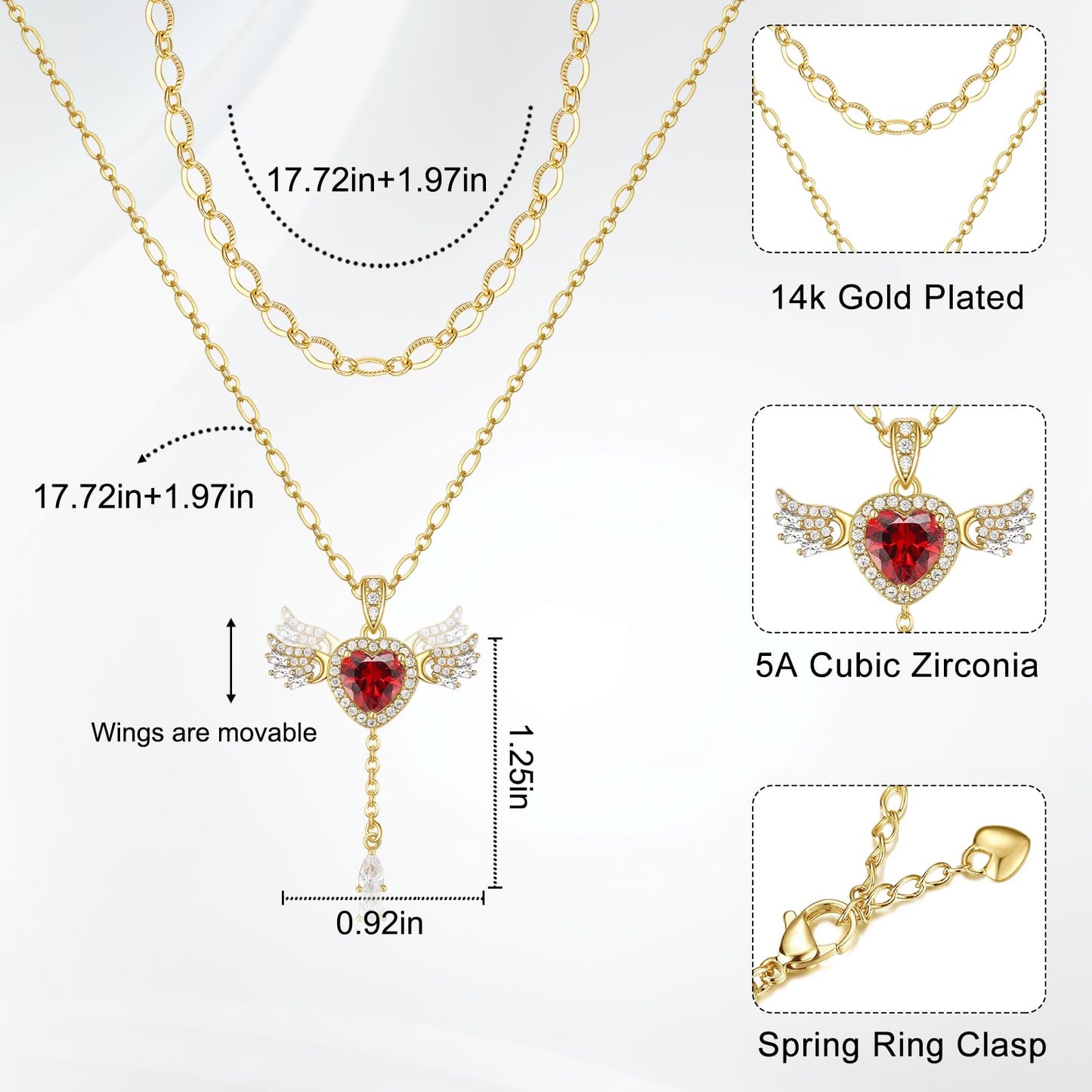 MEIITRUE Heart Necklace for Women Trendy,14k Gold Plated Dainty Layered Necklaces Set Cubic Zirconia Love Drop Pendant with Movable Wings Personalized Choker Chain Jewelry Gift Red