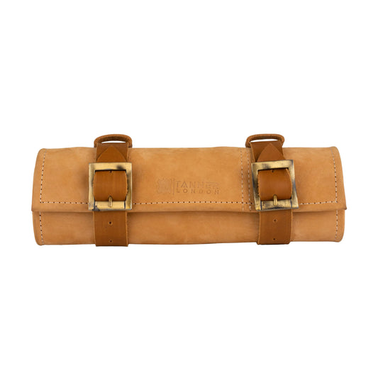 TANNER LONDON Leather Roll Bag, Full Grain Cowhide Tool Organizer, 35.3 x 25.1 cm, Green and Tan, Multi-Purpose with 5 Slots for Knives and Tools (Tan)