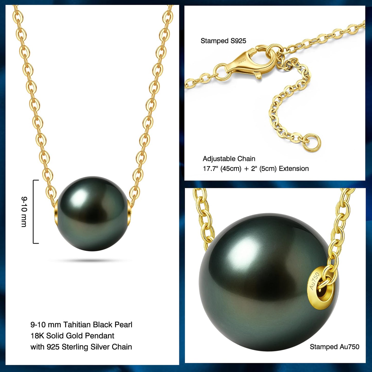 18K Solid Yellow Gold Tahitian Black Pearl Necklace with Sterling Silver Chain, AAAAA 9-10mm Seawater Pearls - Christmas Gift for Wife Mom, Unique Women Jewelry for Wedding Anniversary Birthday