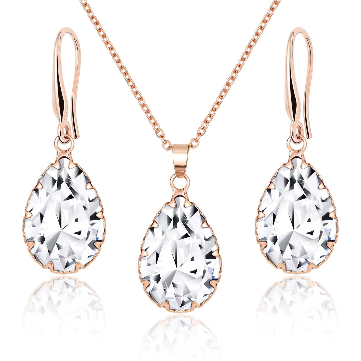 Linawe Rose Gold Wedding Jewelry Sets for Brides Bridesmaid, Crystal Imitation Diamond Pendant Necklace Set, Rhinestone Drop Dangle Earring Set, Cubic Zirconia Birthstone Teardrop Matching Jewelry