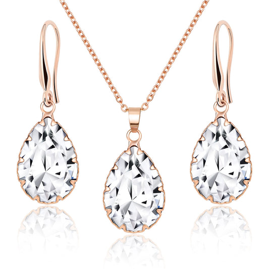 Linawe Rose Gold Wedding Jewelry Sets for Brides Bridesmaid, Crystal Imitation Diamond Pendant Necklace Set, Rhinestone Drop Dangle Earring Set, Cubic Zirconia Birthstone Teardrop Matching Jewelry