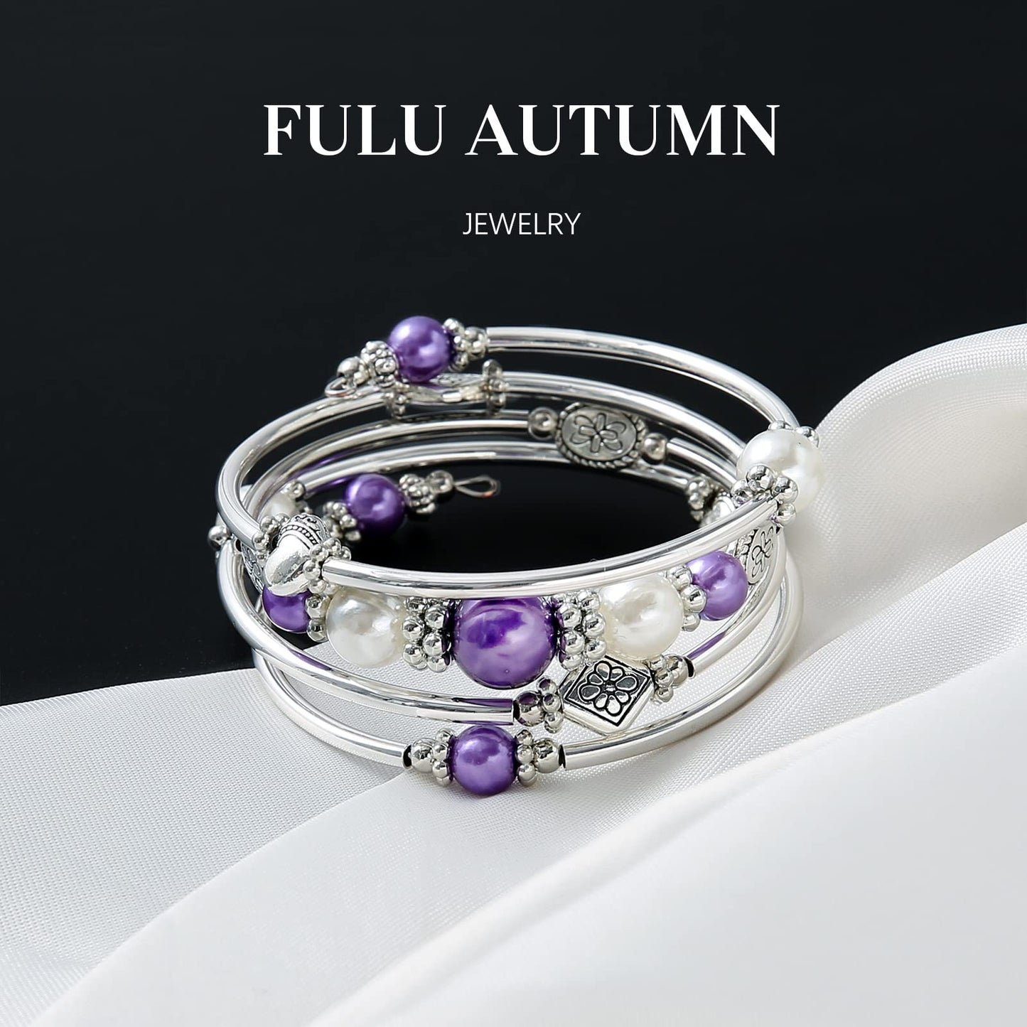 FULU AUTUMN Beaded Pearl Bangle Bracelets for Women Silver Wrap Bangles Bracelet Womens Costume Jewelry Fashion Gift(18-Purple)
