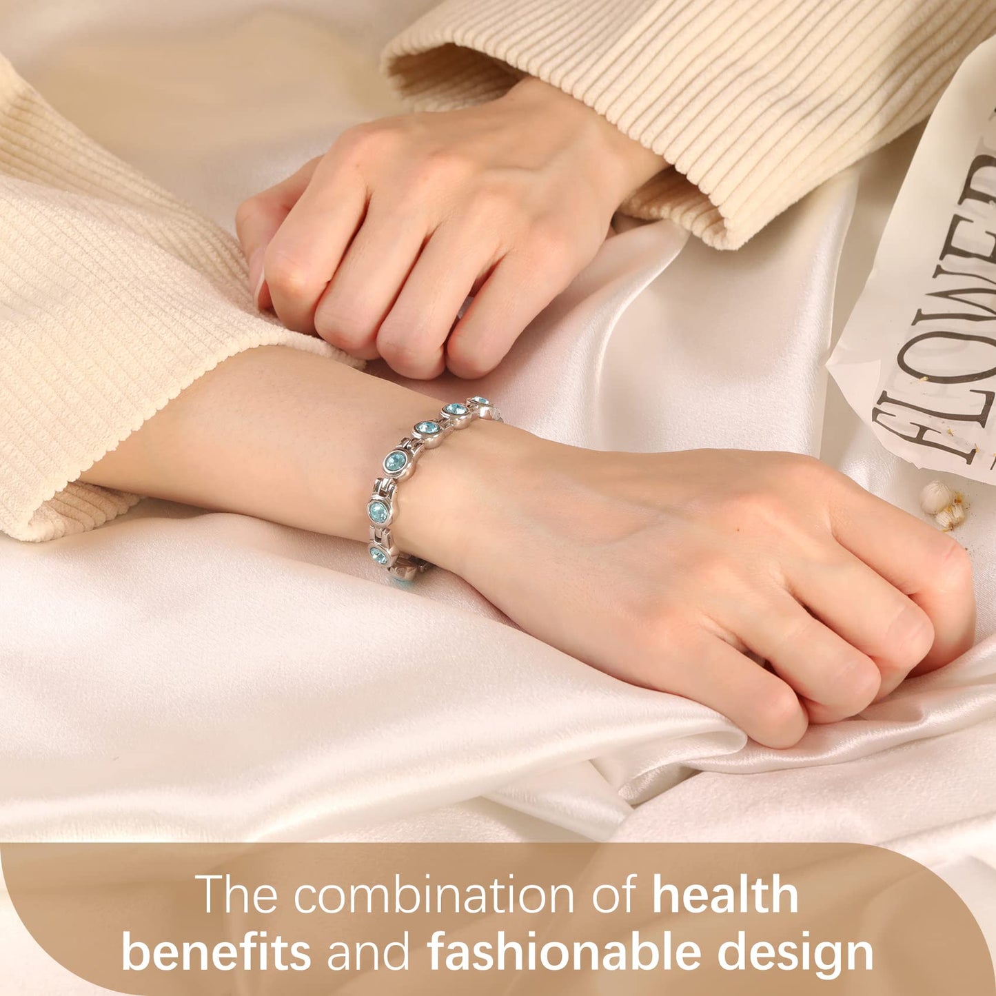 Feraco Magnetic Bracelet for Women Titanium Steel Magnetic Bracelets with Gorgeous Sparkling Cubic Zirconia Costume Jewelry Gifts (Blue)