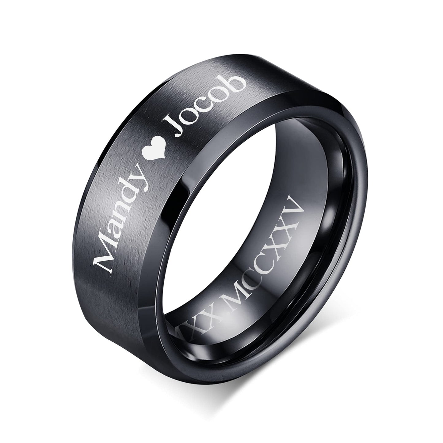 VNOX Mens 8mm Brushed Matte Tungsten Carbide Classical Simple Plain Personalized Custom Name Date Wedding Band Wedding Engagement Ring,Black,Size 10