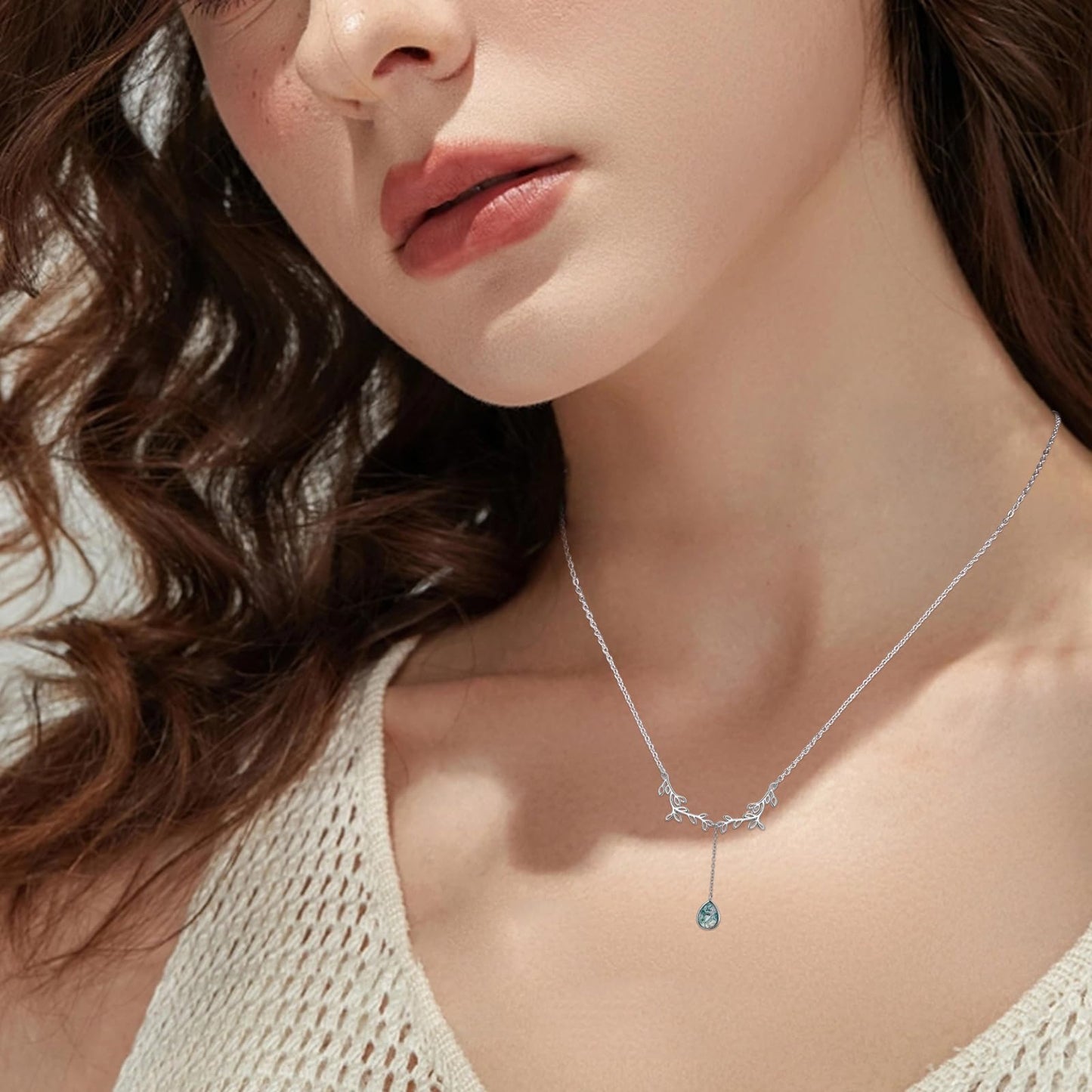 Silikepa Leaf Necklace for Women 925 Sterling Silver Leaf Pendant Necklace Y Chain with Moss Agate Jewelry Gifts for Women