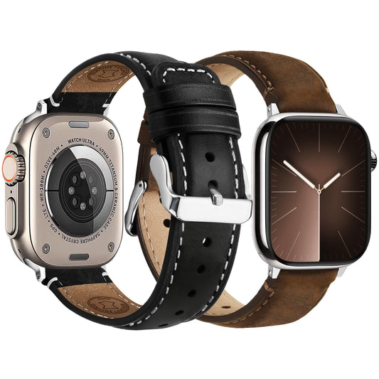 Fullmosa Leather Band Compatible with Apple Watch Bands 49mm 46mm 45mm 44mm 42mm,Top Grain Leather iWatch Straps for Apple Watch Ultra SE Series 11 10 9 8 7 6 5 4 3 2 1,Coffee+Silver/Black+Silver