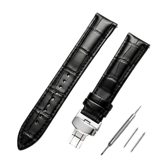 EREBUSE Genuine Leather Watch Strap 18mm 20mm 22mm, Classic Replacement Watch Band for Men Women, Soft Padded Cowhide with Silver Butterfly Deployment Clasp