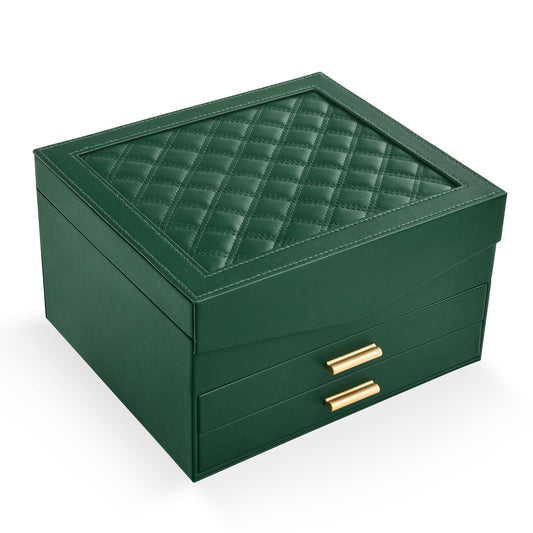 Amearea Jewelry Box Organizer for Women Girls with Mirror, 3-Layer Large Jewelry Storage Case, Synthetic Leather Jewelry Holder Organizer with Removable Tray for Necklaces Earrings Rings, Green