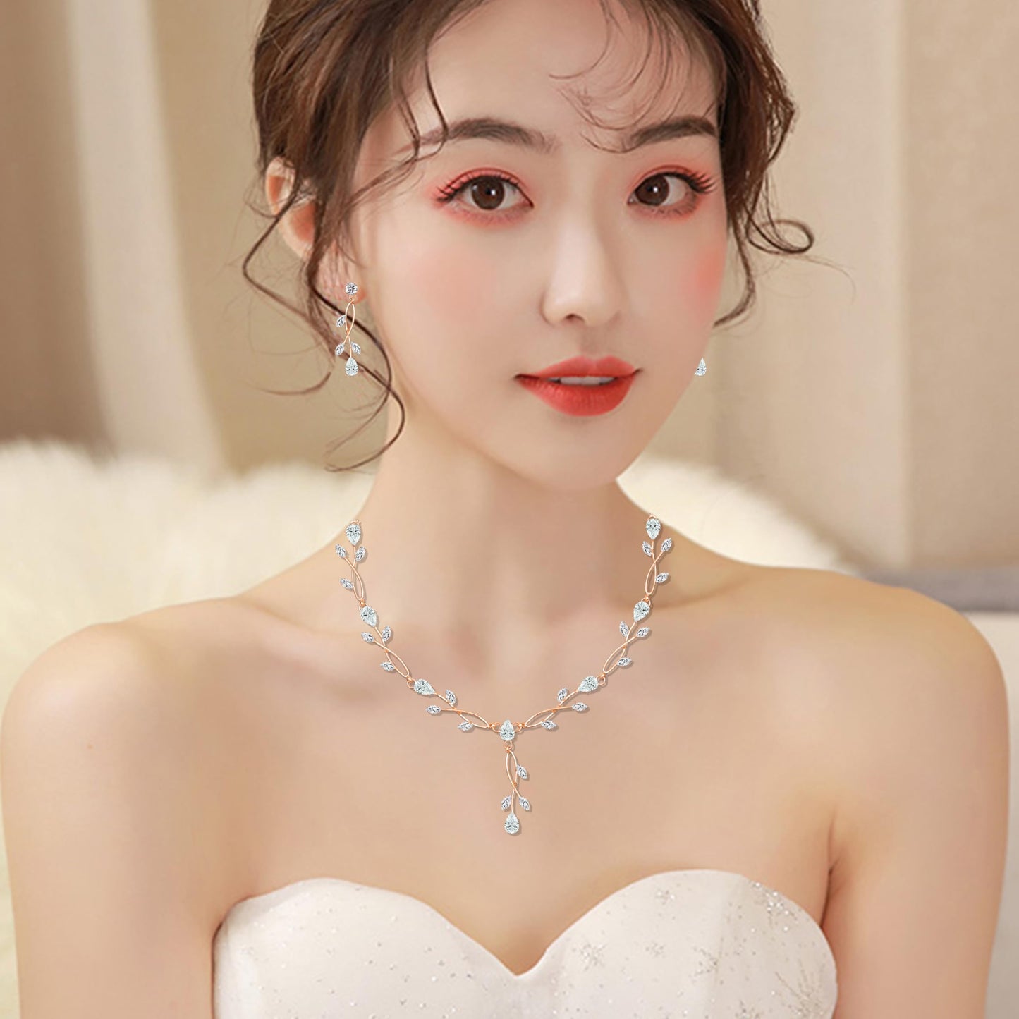 CSY Elegant Bridal Jewelry Sets Clear Cubic Zirconia Wedding Necklace Earrings Bracelet Set for Birdes Bridesmaids CZ Prom Jewelry (Rose Gold Tone)