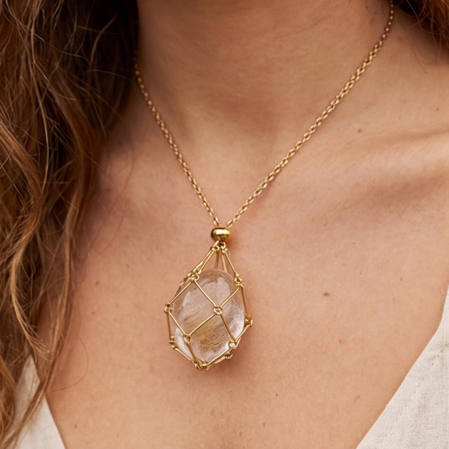 VLIEGEN Crystal Holder Necklace, Stainless Steel Cage for Stone Adjustable Natural Crystal Cage Holder Necklaces Quartz Natural Gemstone Jewelry for Women Men GD M