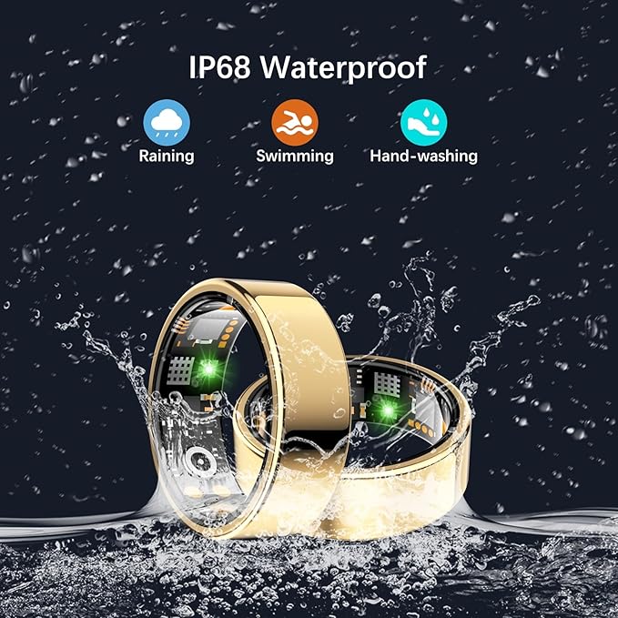 Health Tracker Ring, Smart Health Ring for Women Men with Heart Rate, Blood Oxygen, Sleep Monitor, Steps,Calories, No Subscription Fee, IP68 Waterproof Smart Ring for iPhone & Android (Gold, 14#).