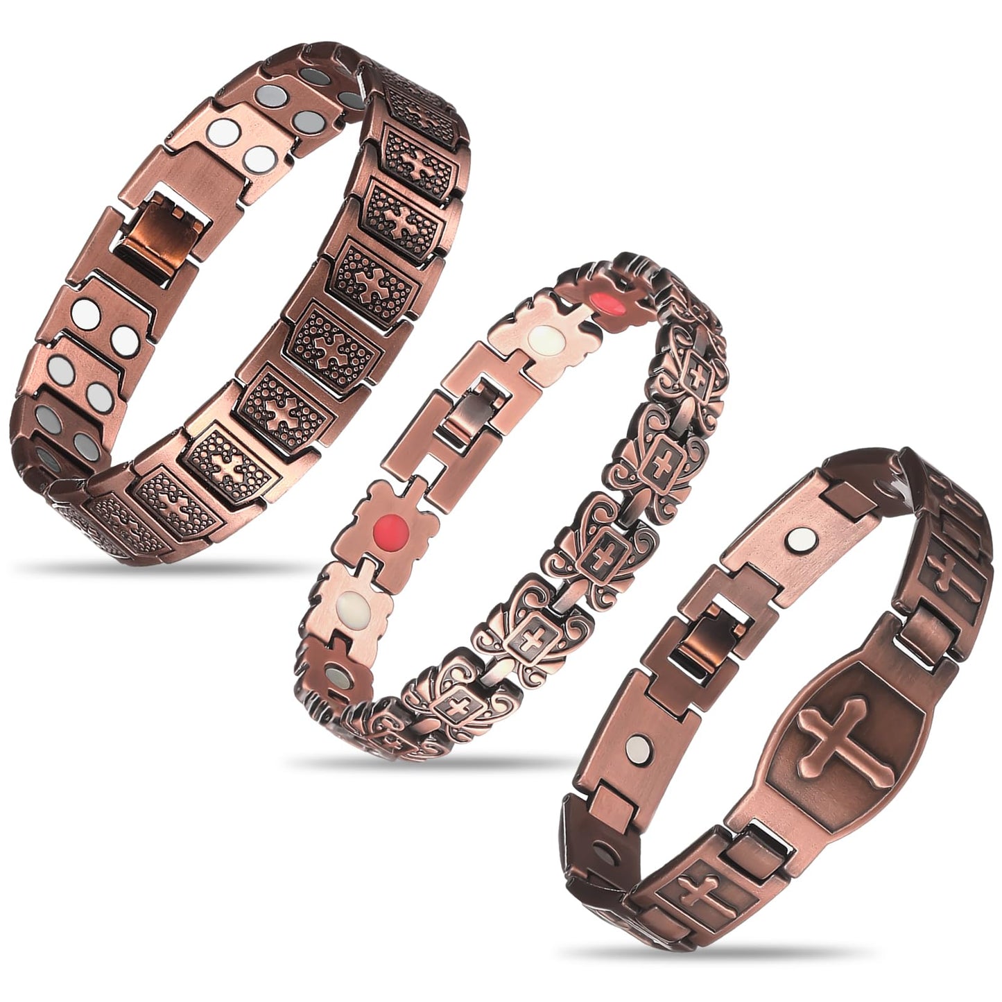 Misdary 3 Pcs Copper Magnetic Bracelets for Women Ultra Strength Magnetic Bracelet with Magnets Natural Stones Adjustable Jewelry Gift (Cross)