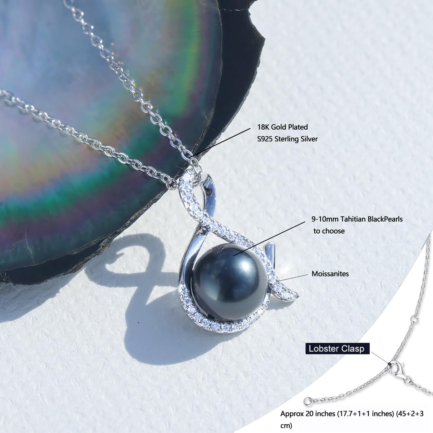 Tahitian Black Pearl Necklace for Women - Gift for Wife, Mom, Grandma, Jewelry Gifts for Wedding Anniversary Birthday Christmas, 10-11mm Seawater Pearl with Sterling Silver Moissanite Infinity Pendant