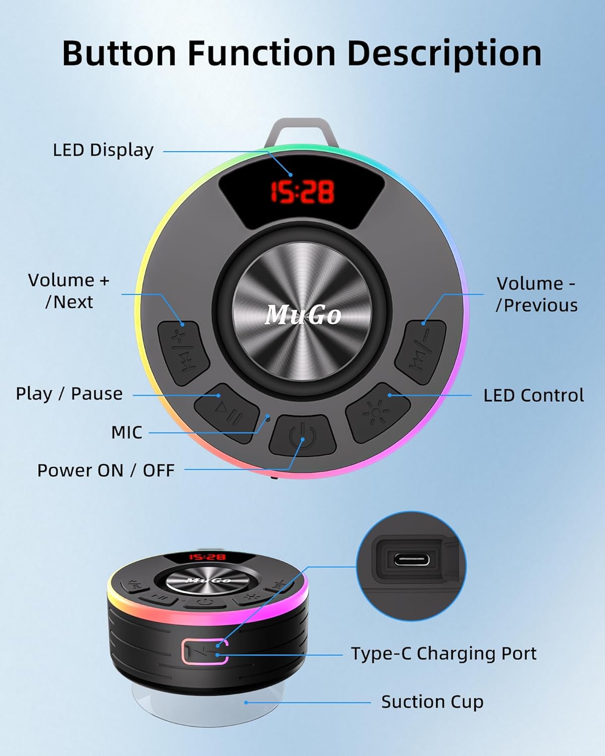 MuGo IPX7 360 5.3, 10H Waterproof Bluetooth Shower Speaker with Strong Suction Cup, Portable Wireless Speaker, HD Sound