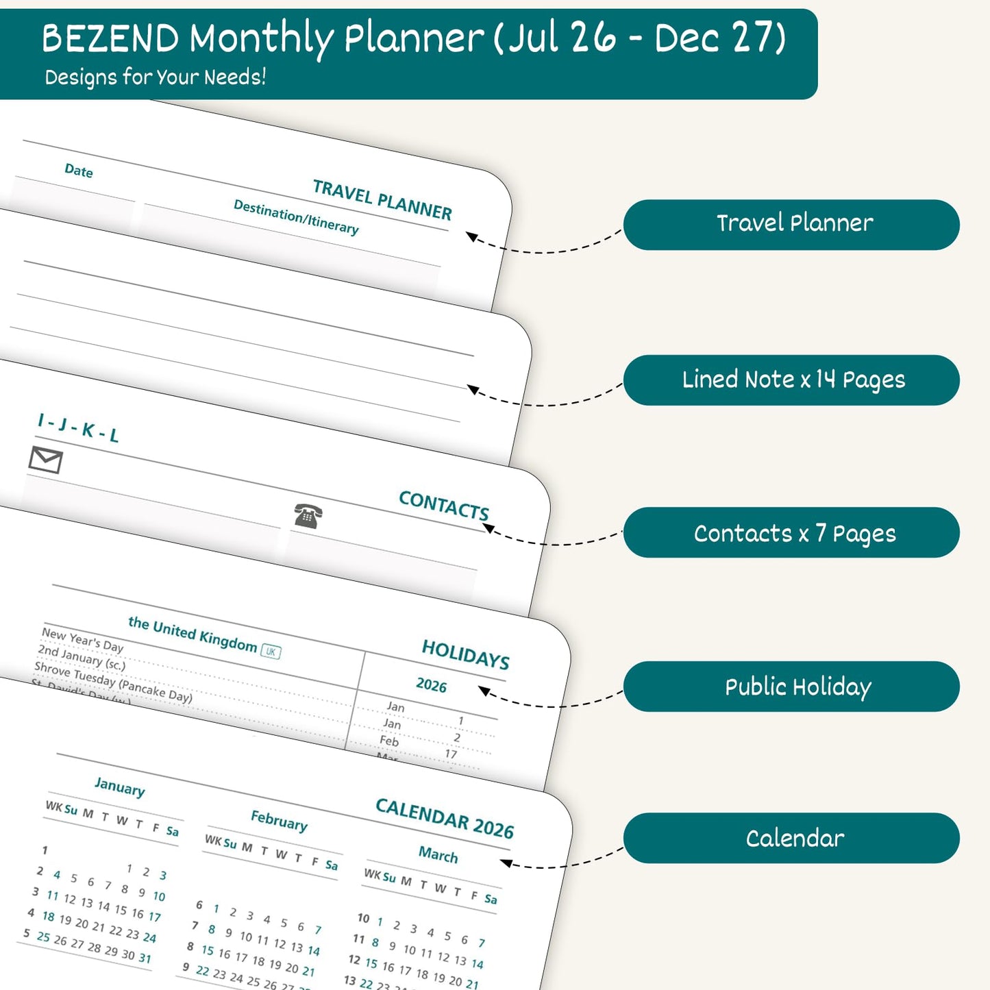 BEZEND Pocket Monthly Planner 2026 2027 Extra Thin & Light (Slim 3.5" x 6.5"), 18-Month Academic Mini Calendar (Jul 26 - Dec 27), Ideal for Students & Professionals, PU Leather Softcover - Mustard
