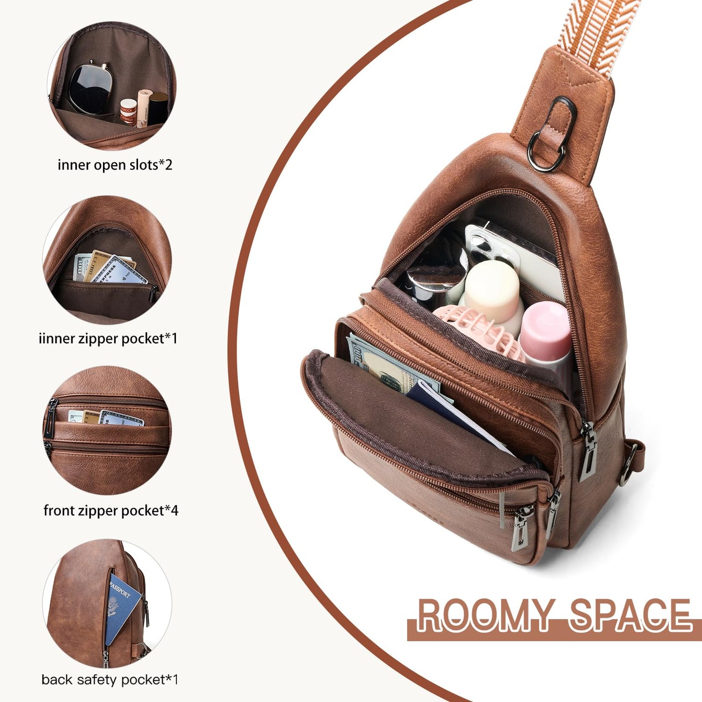 Leresas Sling Bag for Women Crossbody Bags Fanny Packs Over Shoulder Bag Sling Purse Backpack Vegan Leather Travel Handbag Purse Gifts Brown