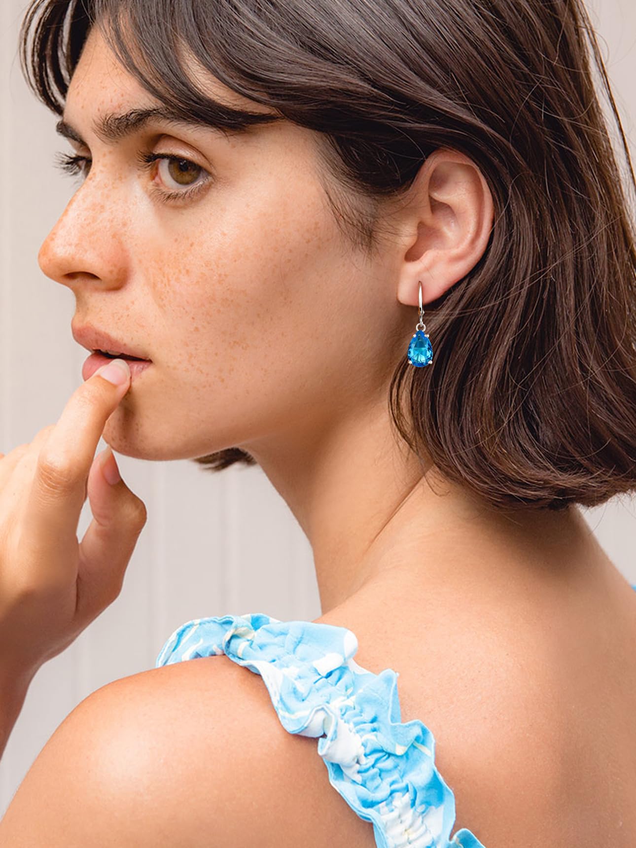 Bestyle Created Blue Topaz Drop Birthstone Earrings for Women -Small Silver Teardrop Dangle Earrings for Women - Dainty Cute Earrings Gift for Birthday Mother's Day Wedding Party