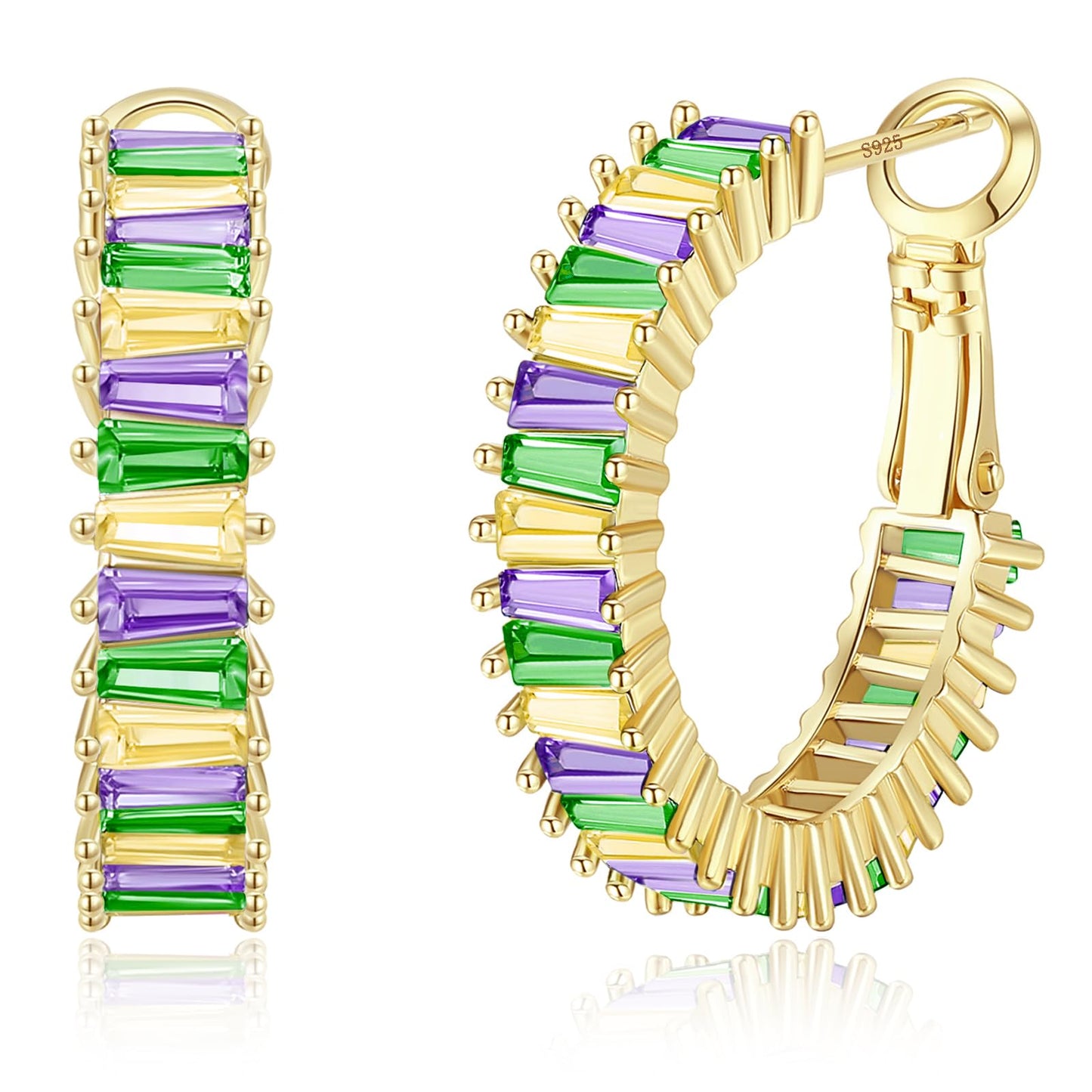 GLOQUAT Mardi Gras Earrings for Women 14k Gold Plated Carnival Holiday Hoop Earrings Fashion Baguette Cubic Zirconia Round Circle Hoops Festive Party Jewelry Gifts Lightweight and Hypoallergenic 25mm