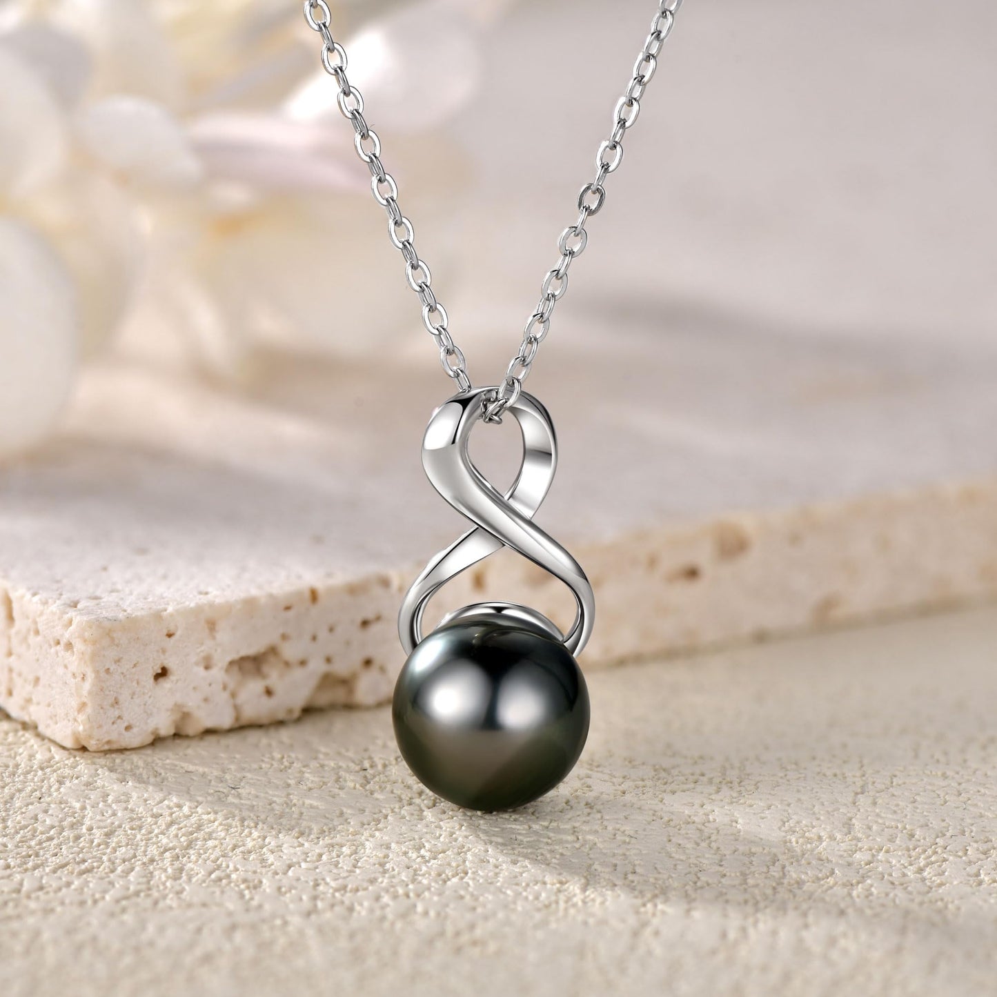 DENGGUANG Genuine Tahitian Black Pearl Necklace for Women, Sterling Silver Infinity Single Pearl Pendant Necklaces, Anniversary Birthday Mothers Day Jewelry Gifts for Mom Her