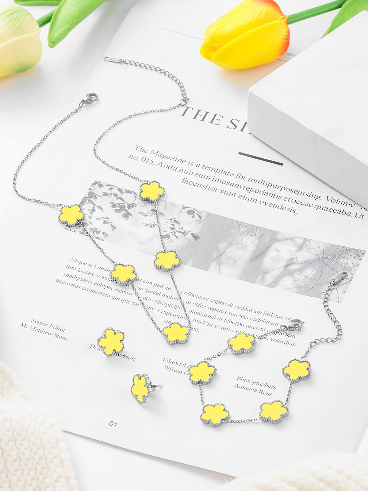 Qinpan Five Leaf Clover Necklace Bracelet and Stud Set for Women Lucky Flower Jewelry (Yellow-Stainless Steel)