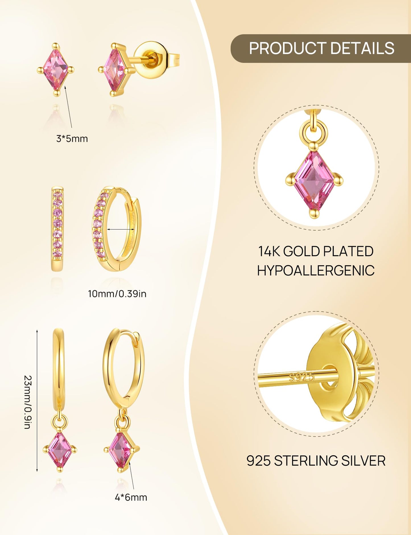 Gold Hoop Earrings Set for Women, Dainty 14K Gold Plated Pink Earrings, Hypoallergenic Trendy Small Earring Stacks Multiple Piercing, Huggies Magenta Dangle Earring Jewelry for Women