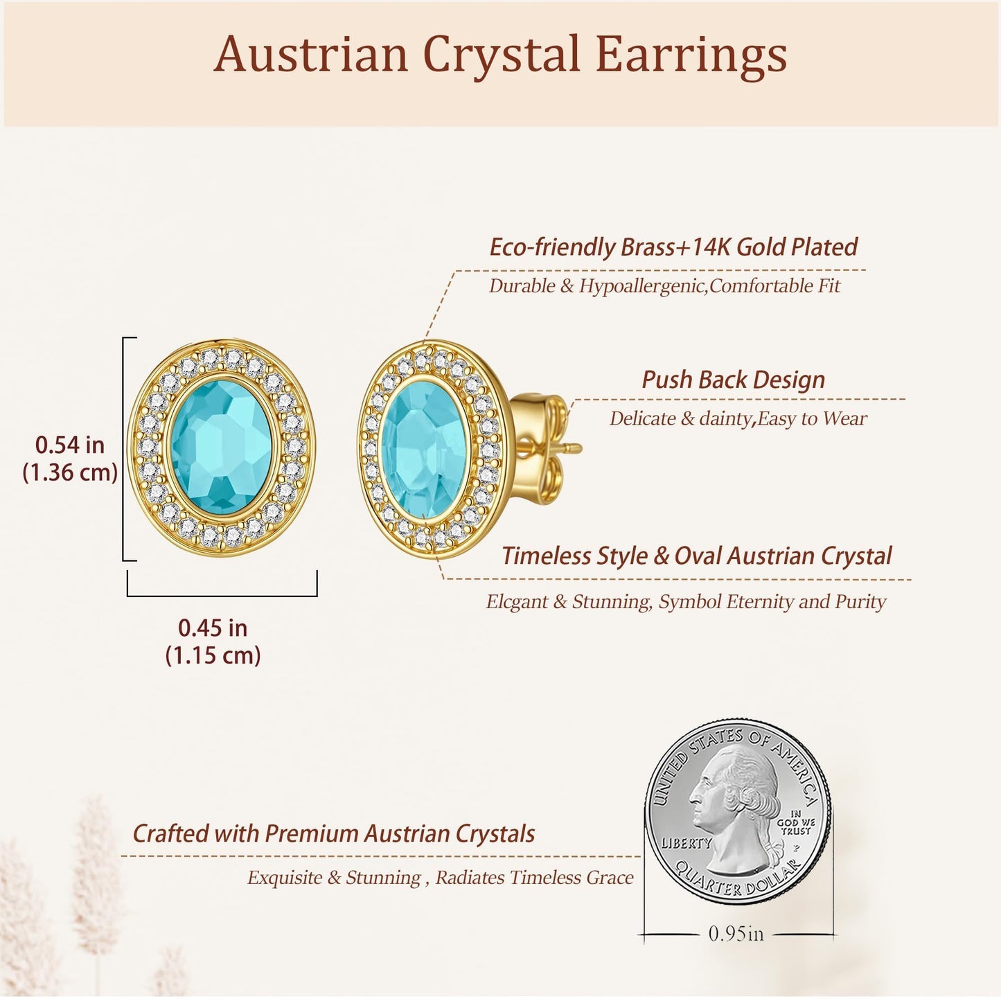EVEVIC Austrian Crystal Halo Oval Stud Earrings for Women Trendy,14k Gold Plated Hypoallergenic Earring Jewelry Gift (Aquamarine)