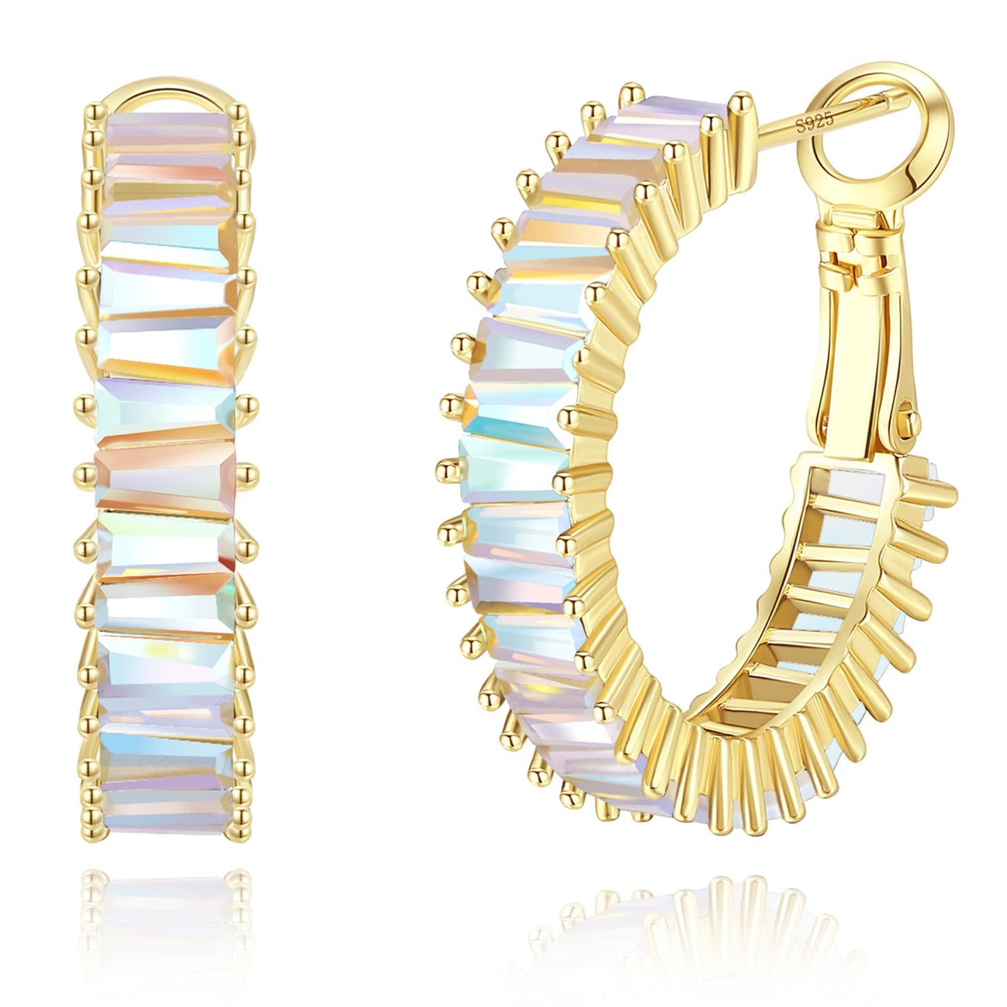 GLOQUAT Iridescent Earrings Aurora Borealis Crystal Hoop Earrings 14K Gold Plated AB Hoops for Women 925 Sterling Silver Post Trendy Colorful CZ Round Circle Hoops Aura Earring Jewelry 25mm