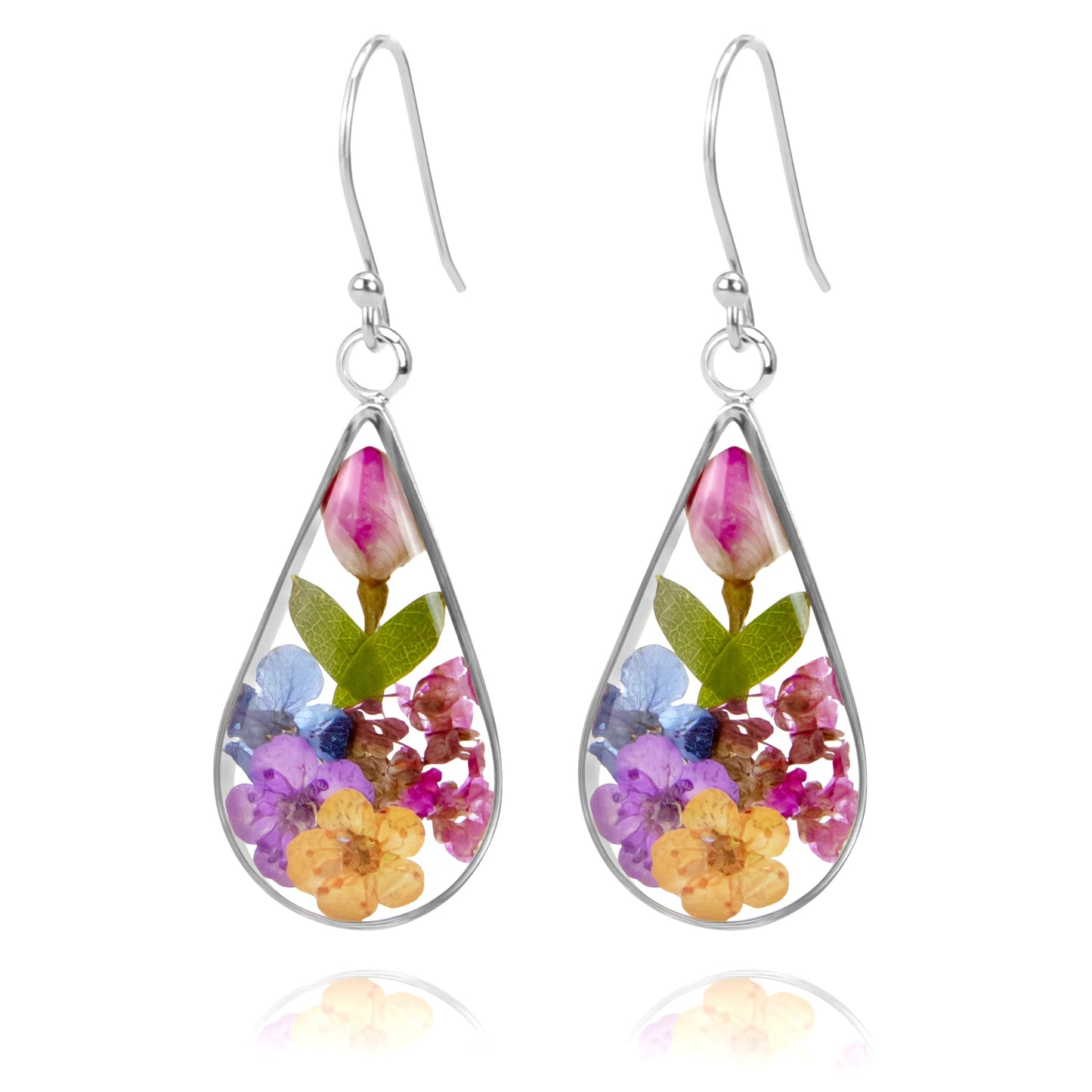 925 Sterling Silver Pressed Flower Teardrop Earrings,Hypoallergenic Women's Jewelry Gift for Mom,Handmade natural dried flower teardrop earrings Jewelry Gift (Silver Rose)