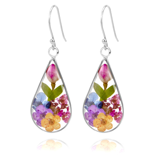925 Sterling Silver Pressed Flower Teardrop Earrings,Hypoallergenic Women's Jewelry Gift for Mom,Handmade natural dried flower teardrop earrings Jewelry Gift (Silver Rose)
