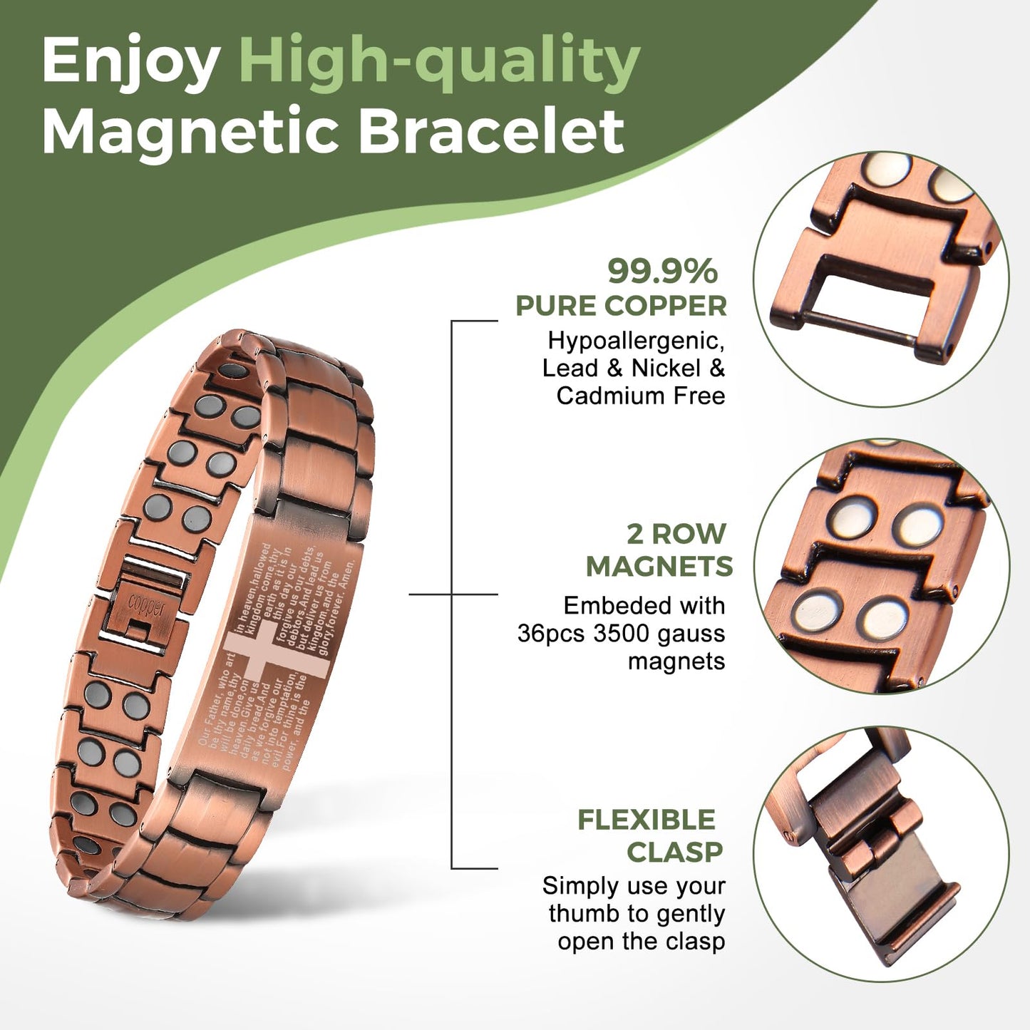 MagEnergy Men's Copper Magnetic Bracelet,99.9% Solid Copper Bracelets with Double-Row Strong Magnets, Adjustable with Sizing Tool Jewelry Box