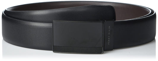 Perry Ellis Men's Reversible Leather Belt With Black Pattern Plaque, Blk20, 42